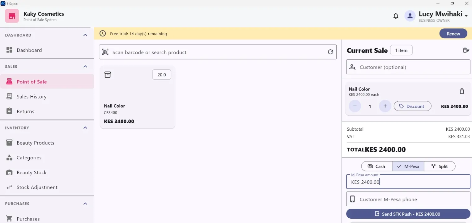 AiWeapX POS checkout for M-Pesa payment.