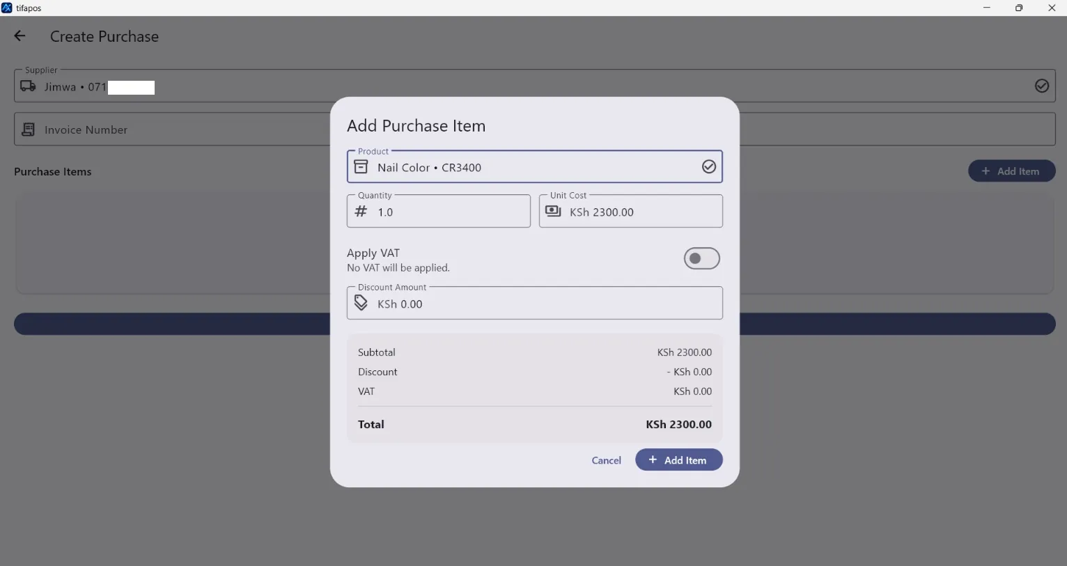 AiWeapX POS add purchase screen.