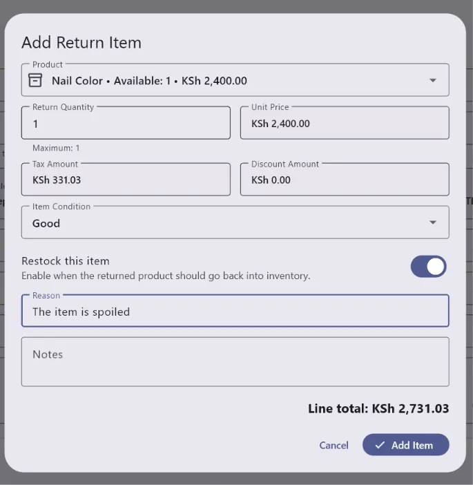 AiWeapX POS add returned item screen.