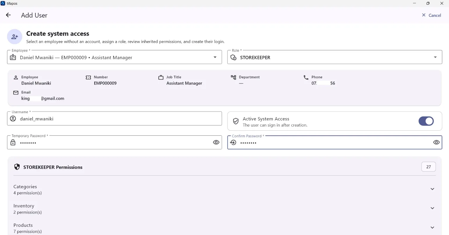 AiWeapX POS add system user form.