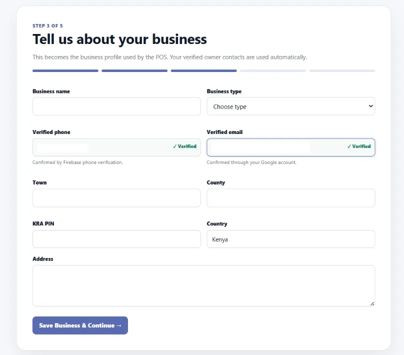 AiWeapX POS business setup screen.