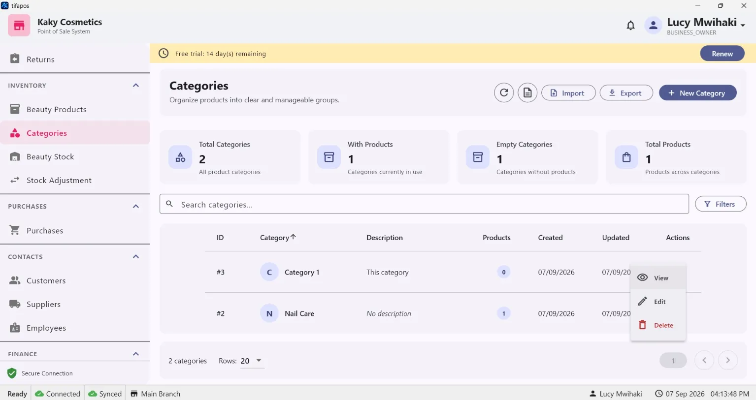 AiWeapX POS product categories screen.
