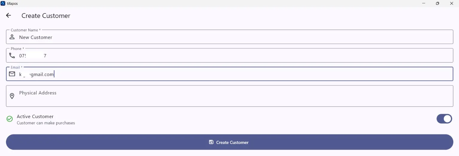 AiWeapX POS create customer form.