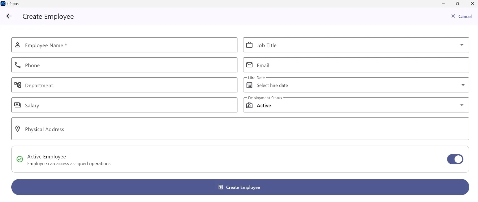 AiWeapX POS create employee form.