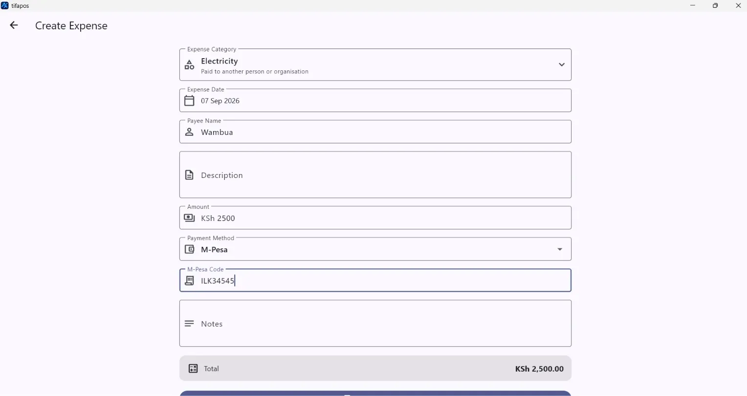 AiWeapX POS create expense form.