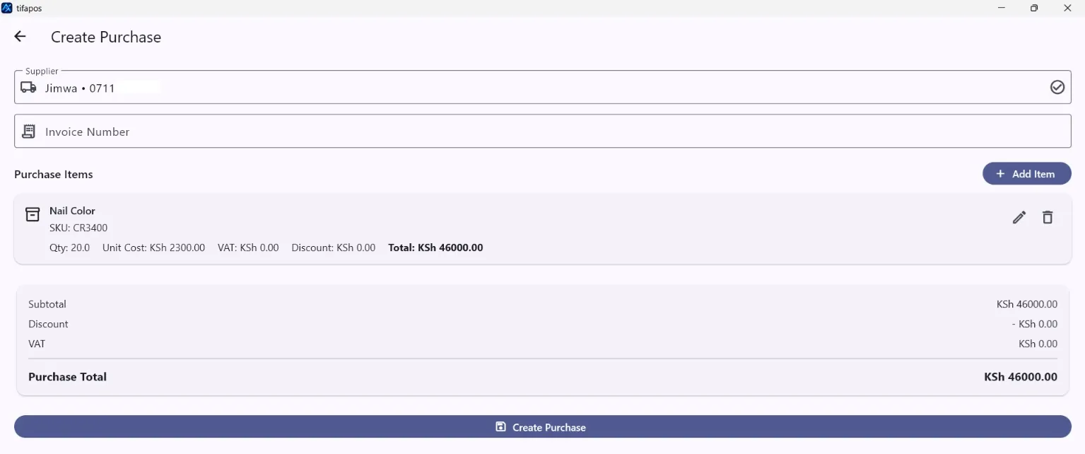 AiWeapX POS purchase items screen.