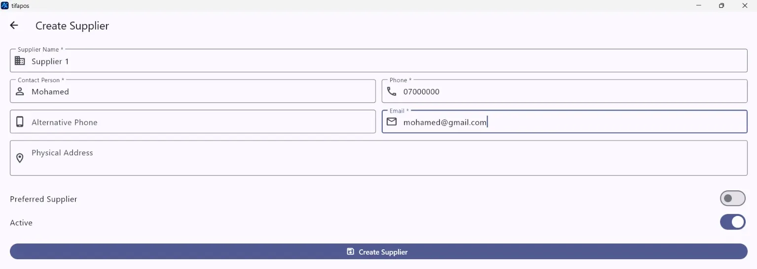 AiWeapX POS create supplier form.