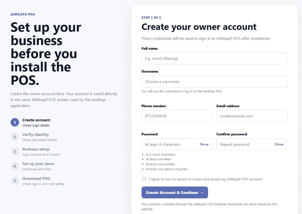 AiWeapX POS account creation screen.