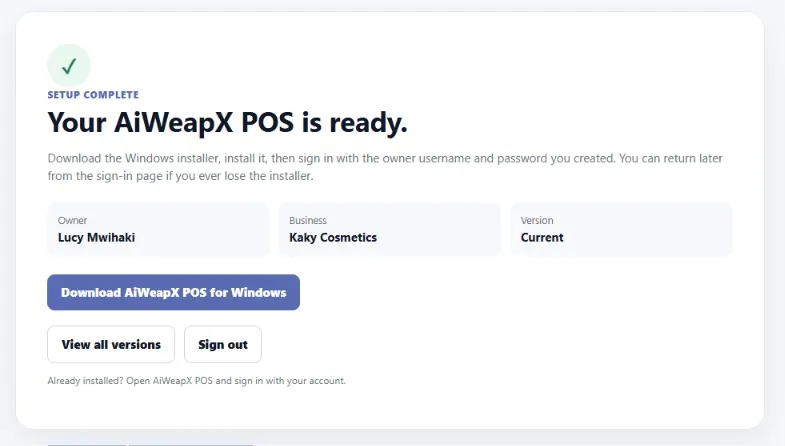 AiWeapX POS ready and download screen.