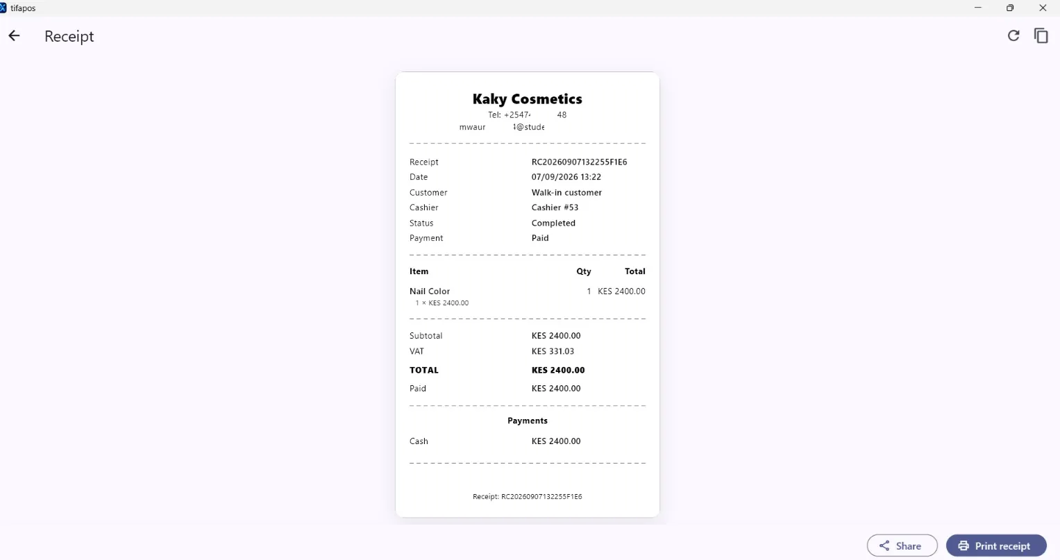 AiWeapX POS printed receipt preview.