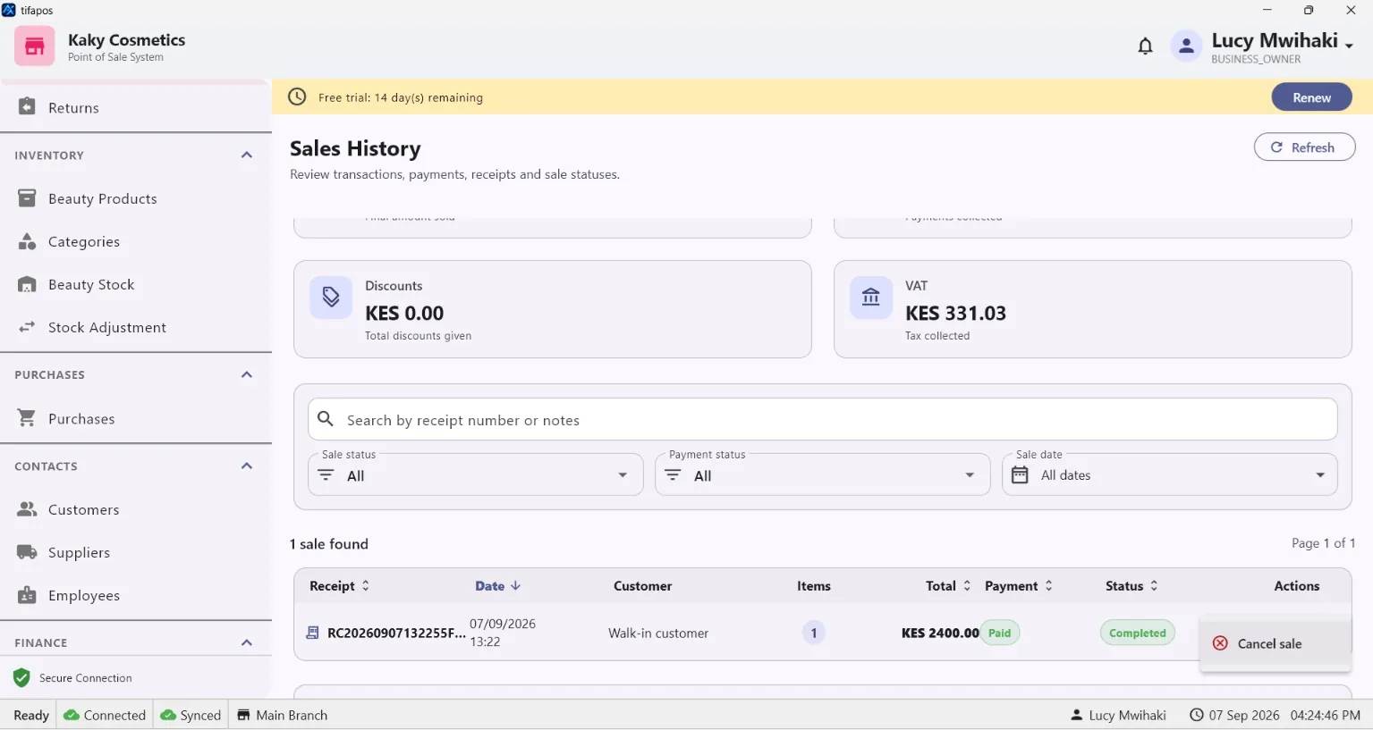 AiWeapX POS sales history screen.