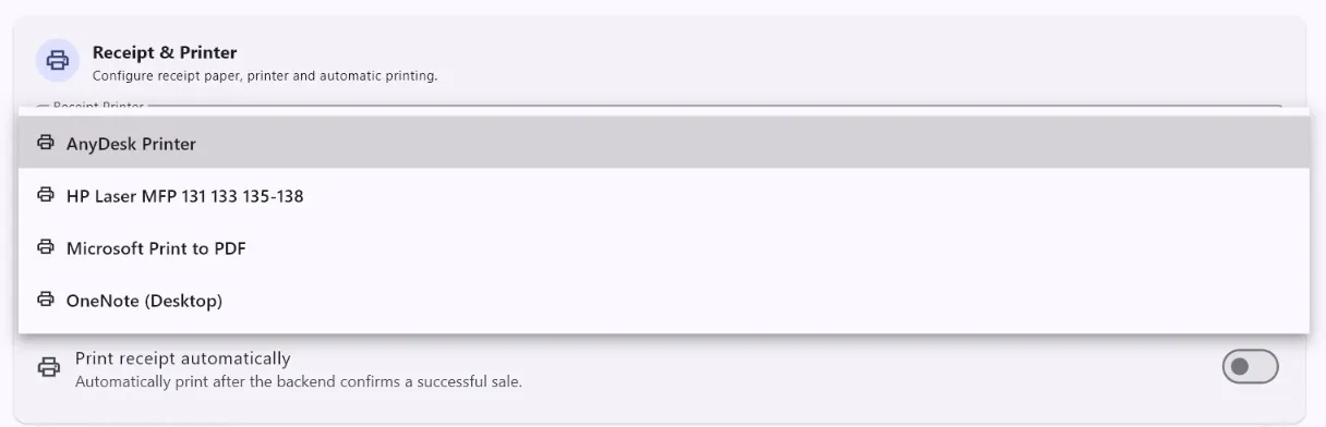 AiWeapX POS receipt and printer settings.