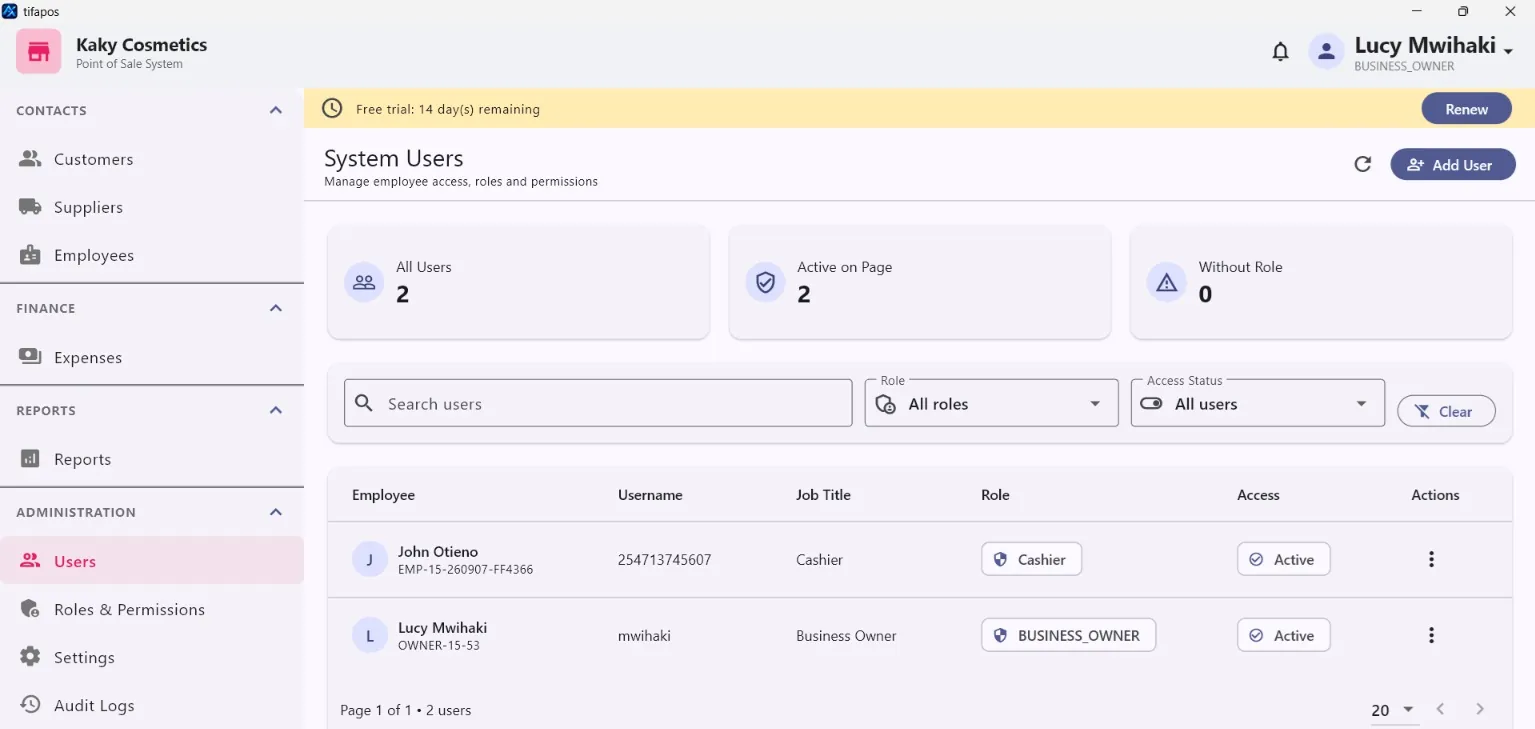 AiWeapX POS system users screen.
