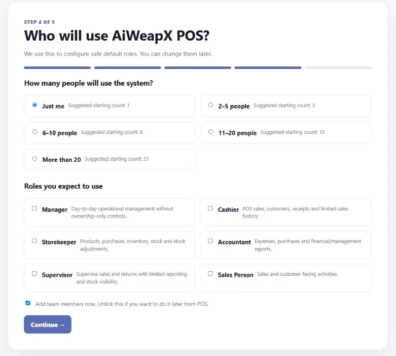 AiWeapX POS team profile setup screen.
