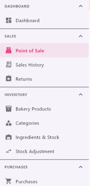 AiWeapX POS sales and inventory navigation showing Point of Sale, sales history, returns, products, categories and stock